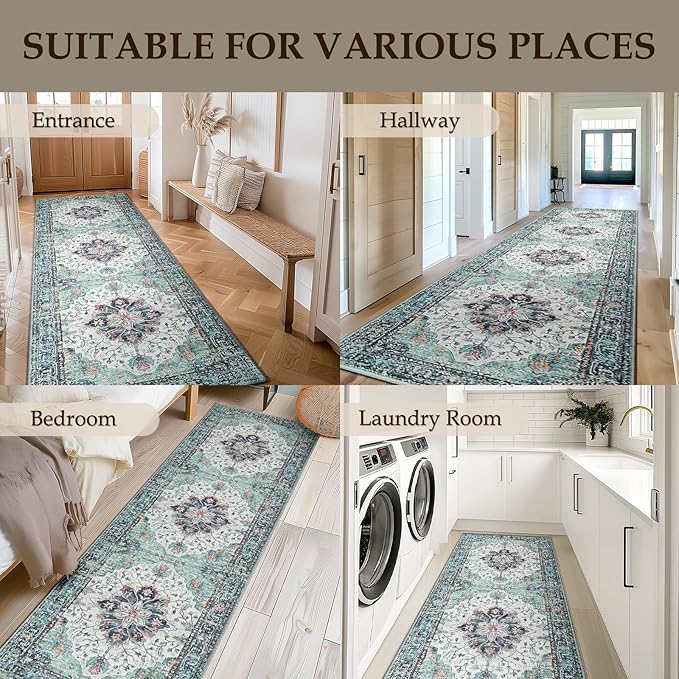 Area Rugs 2'x10' Runner Rug Non Slip Washable for Kitchen Hallway Bedroom Beside Laundry Room Bathroom Rug, Floor Carpet, Green Navy Blue White Red Teal Colorful