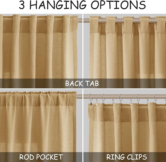 Nanspring Gold Yellow Linen Curtains 96 Inches Long 2 Panels Set for Living Room Rod Pocket Back Tab Semi Sheer Light Filtering Protect Privacy Gold Yellow Curtain for Bedroom Floor Length 52x96