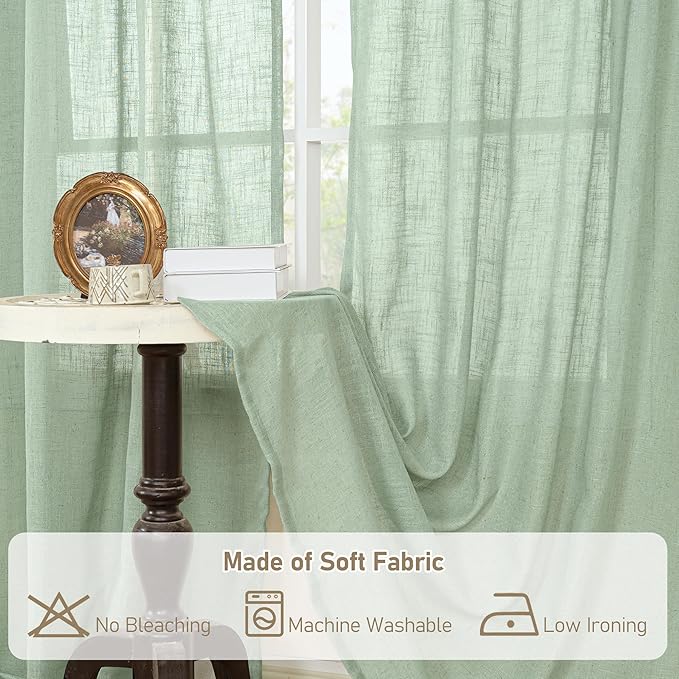 LAMIT Linen Curtains 48 Inch Length 2 Panels, Light Filtering Panels Back Tab and Rod Pocket Neutral Drapes for Kitchen/Window/Loft Room/Bedroom, 34 x 48 Inch Fresh Green