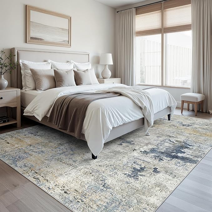 Abstract Rug 8x10 Large Living Room Rugs Neutral Modern Washable Area Rugs for Bedroom Dining Room Non-Slip Stain Resistant Foldable Thin Rug Blue Yellow