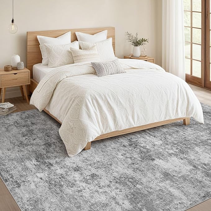 Nakagishi 7x9 Area Rugs Living Room: Washable Abstract Large Neutral Soft Rug Stain Resistant Modern Indoor Floor Non-Slip Carpet for Bedroom Nursery Kids Playroom Office Dining Room Dorm- Grey