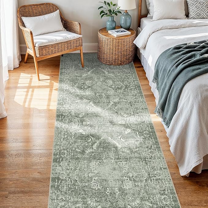 2x5 Washable Hallway Runner Rug - Non Slip Kitchen Runner Rugs with Rubber Backing Vintage Low-Pile Carpet Runners for Entryway Dining Room Laundry Room Home Decor (Muted Sage Green)