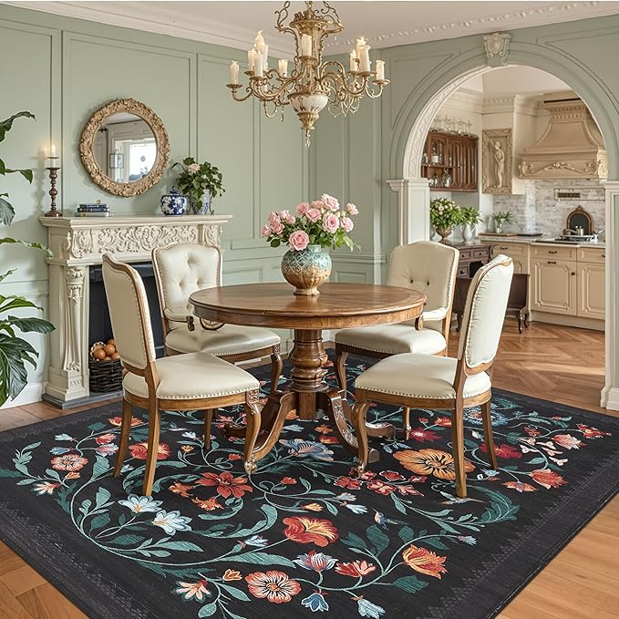 GarveeHome Washable Rug 4x6 Area Rugs for Living Room, Floral Rug for Bedroom, Soft Boho Non Slip Throw Rugs with Rubber Back, Low Pile Stain Resistant Vintage Floral Carpet for Dining Room, Black