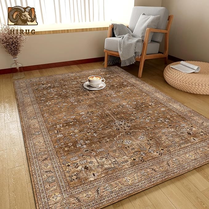 Washable Area Rug 9' x 12' Vintage Traditional Persian Mat - Foldable Distressed Non-Slip Machine Washable Carpet for Living Room Bedroom Kitchen Home Decor - Bronze and Ivory