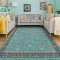 Washable 5x8 Teal Rug for Living Room, Boho Area Rugs for Bedroom Under Bed, Modern Floral Low-Pile Non Skid Carpet for Dining Room Under Table, Stain Resistant Vintage Home Décor