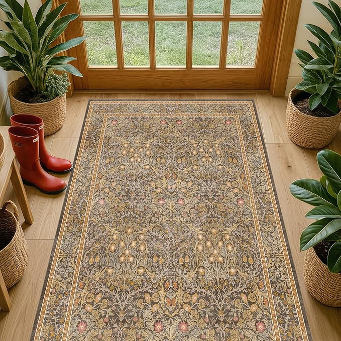 Vintage Floral Brown 3x5 Area Rugs for Entryway, Kitchen, Bathroom, Bedroom Beside Rug, Laundry Room, Non-Slip Low Pile Ultra Soft Stain Resistant Small Gold and Taupe Carpet