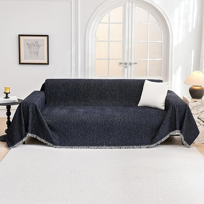 MYSKY HOME Couch Cover for Dogs Washable Couch Covers Couch Covers for Sofa Couch Cover 2 Cushion Sofa Non Slip Dogs Furniture Protector with Tassels Chenille Sofa Covers for Pet, 71"x102", Navy Blue