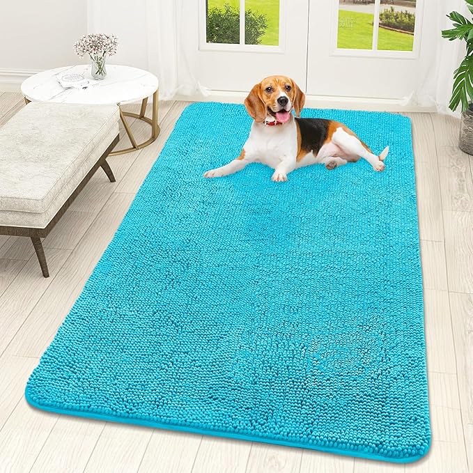 OLANLY Dog Door Mat for Muddy Paws 59x32, Absorbs Moisture and Dirt, Absorbent Non-Slip Washable Doormat, Quick Dry Chenille Mud Mat for Dogs, Entry Indoor Entryway Carpet for Inside Floor, Aqua Blue
