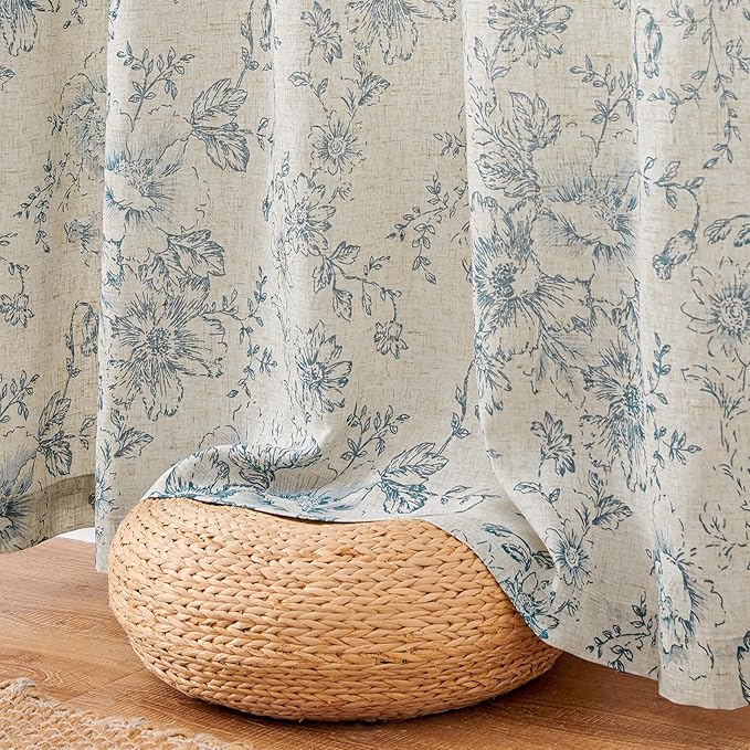 jinchan Lined Linen Blend Curtain Floral Curtains for Living Room 96 Inches Long Blue Peony Flower Printed Curtain Rod Pocket Back Tab Farmhouse Patterned Drapes Bedroom Window Curtains Set 2 Panels