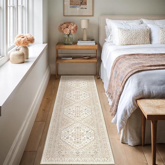 Runner Rug 2x8 Runners for Hallways Non Slip Washable, Vintage Hallway Runner Rugs for Living Room, Low Pile Soft Hallway Rug for Kitchen Bedroom Laundry Room(Cream/Beige,2'x8')