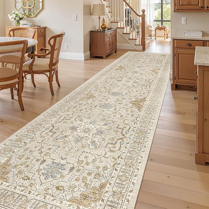 Madane Hallway Rug 3x10, Kitchen Rugs Washable Entryway Rug 10ft Vintage Kitchen Runners Non Slip Indoor Area Rug Farmhouse Carpet Runner for Bathroom Living Room Bedroom, Beige/Blue