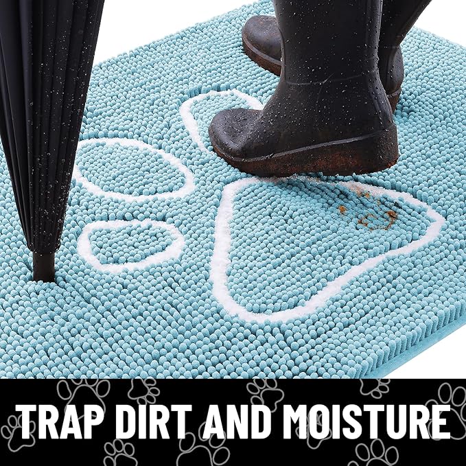 Smiry Dog Door Mat for Muddy Paws, Absorbent Dirt Trapper Non Slip Quick Dry Washable Chenille Mat for Mud Dogs, Entry Rug for Indoor and Outdoor (24x16 Inches, Sky Blue and White)