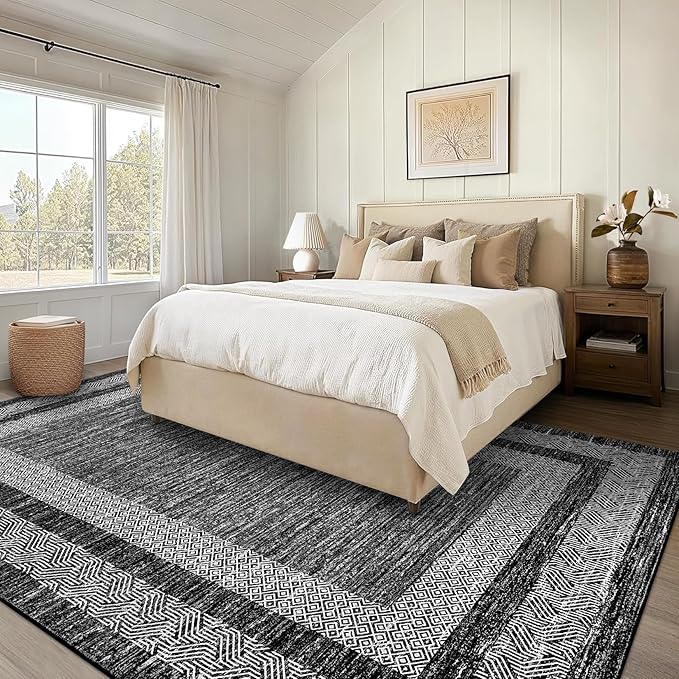 GarveeHome Washable Rug 5x7 Modern Bordered Rug with Non Slip Rubber Backing, Low Pile Thin Carpet, Soft Non Shedding Floor Covering, Foldable Printed Carpet for Living Room Bedroom, Black