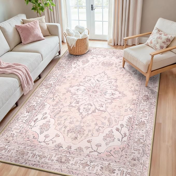 RELEANY Area Rugs 5'x8' Washable Non-Slip, Floral Vintage Distress Print Pattern Medallion Carpet for Living Room Bedroom Dining Room, Pink Greypink Cute