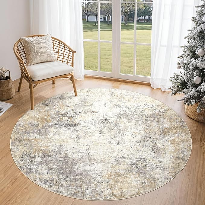 UERMEI 5ft Round Area Rug Living Room Rugs - 5x5 Washable Neutral Modern Abstract Soft Thin Rug Indoor Floor No Slip Rug Carpet for Bedroom Under Dining Table Home Office Decor - Golden Grey