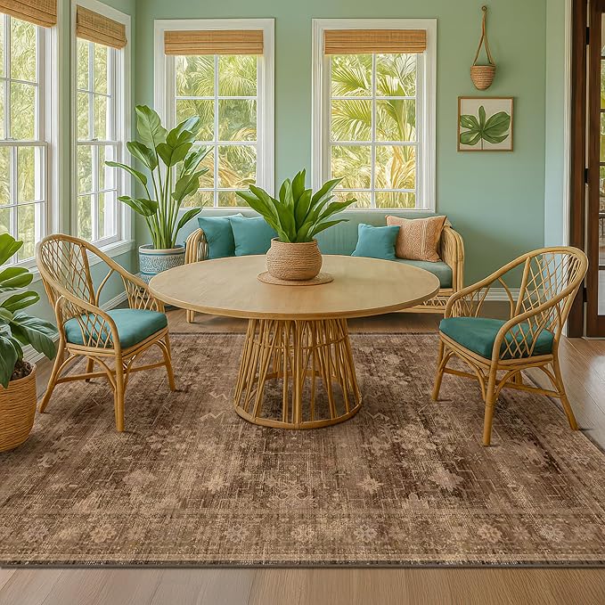 Hazo Haus Boho Taupe Brown 5x7 Living Room Rug - Modern Vintage Traditional Oriental Neutral, Washable Low Pile Non-Slip Large Area Rugs for Nursery Dining Under Table