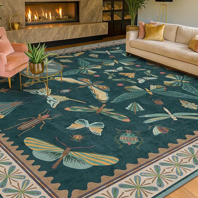 Insect Boho 7X9 Washable Living Room Rug - Bugs, Butterfly, Bees,Soft Area Rugs for Bedroom, Dining Room Under Table, Home Office with Butterfly Design, Stain Resistant Carpet (Green)