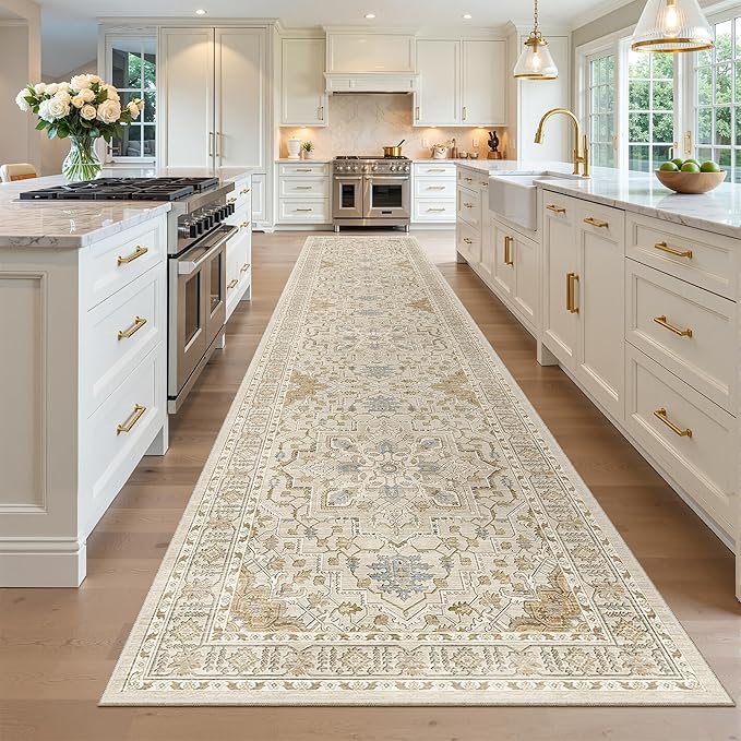 Madane Hallway Runner Rug 3x16 - Vintage Non Slip Washable 16ft Kitchen Runner for Entrance Soft Long Carpet Runners for Living Room Bathroom Low Pile Floor Mat for Bedroom Dining Room, Beige/Blue