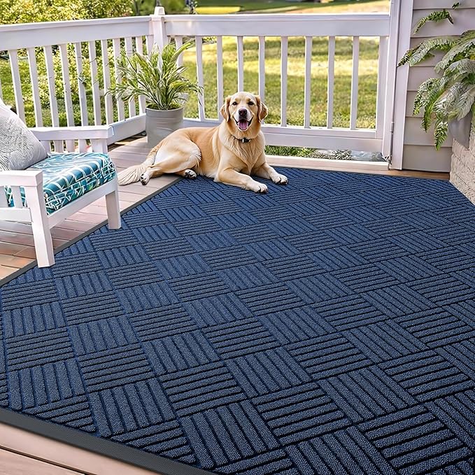 OLANLY Front Door Mat Outside Entrance 71x47, Absorbent, Heavy Duty Sturdy Natural Rubber Doormat Indoor Outdoor, Stain Fade Resistant, Non-Slip Low Profile Floor Mat for Entryway, Navy Blue Diamond