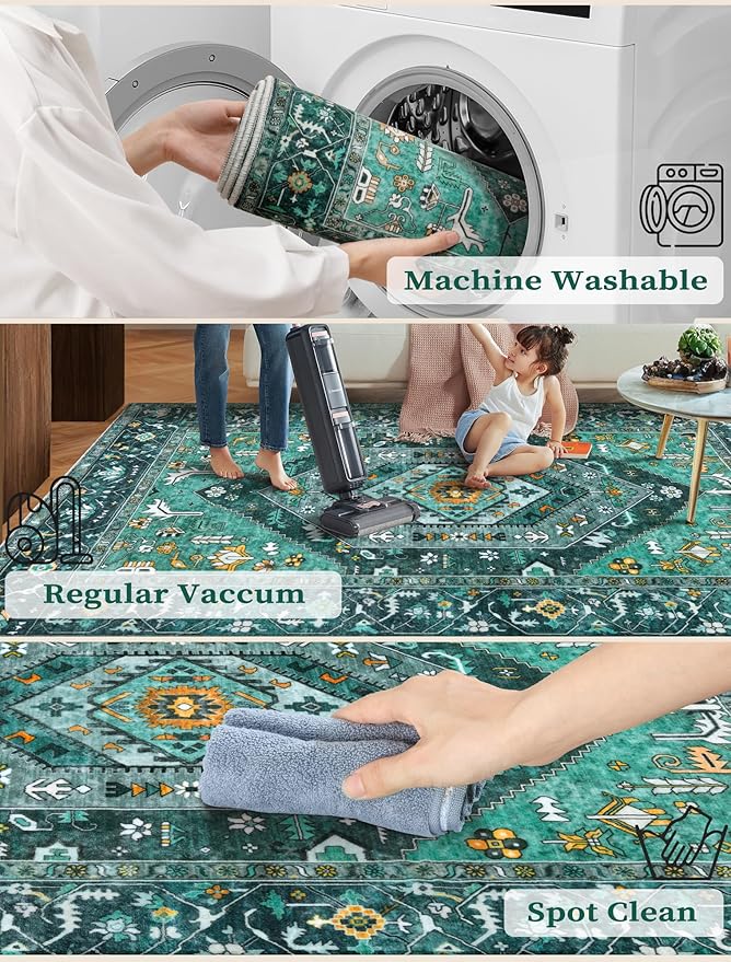 SERISSA Boho Kitchen Runner Rug, 3x7 Washable Non-Slip Runner Rug for Hallways Kitchen Rug, Ultra Soft Vintage Teal Print Distressed Tribal Floor Carpet Runner for Bedroom Entryway Laundry Room