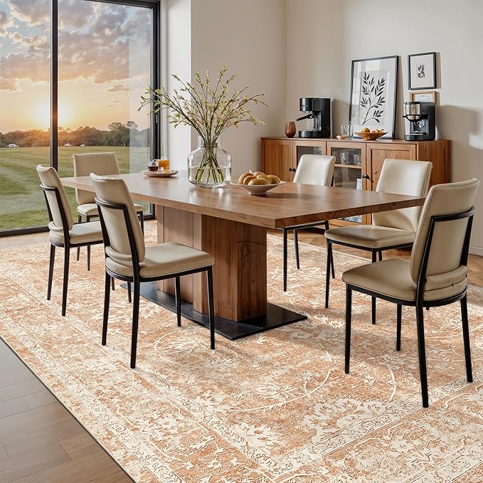 Madane 8x10 Area Rugs for Living Room, Machine Washable Vintage Rug with Non-Slip Backing, Soft Floral Print Large Throw Rugs, Thin Carpet for Bedroom Dining Room Farmhouse (8 x 10, Jasper Orange)