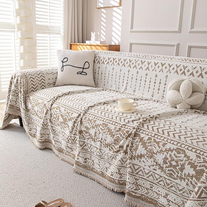 Boho Chenille Couch Cover for Dogs, Non Slip Sofa Cover, Couch Slipcover Covers for 3 Cushion, Furniture Protector with Tassels for Pets Washable, 71"x118", Geometric Khaki
