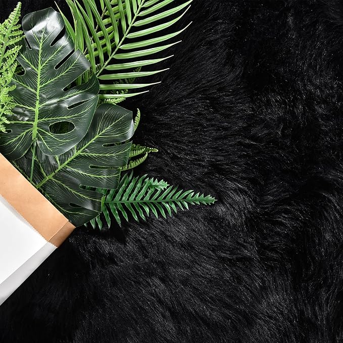 Goolela Black Faux Sheepskin Fur Rug 5x8 for Bedroom and Living Room - Fuzzy Large Fluffy Shag Area Rug Home Decor, Rectangle