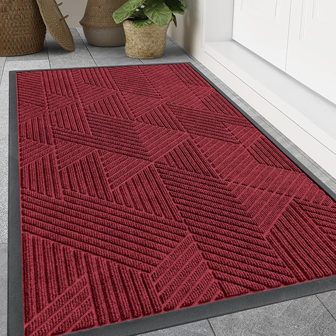 Smiry Front Door Mat Outside Entrance, Heavy Duty Sturdy Natural Rubber Doormat, Trap Dirt and Moisture, Easy Clean Low Profile Welcome Floor Mats for Indoor Outdoor Entry, 59x23 Inch, Wine Red