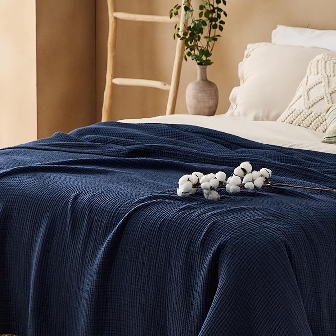 Bedsure 100% Cotton Muslin Blanket Queen Size for Bed - 4-Layer Breathable and Lightweight Thin Soft Summer Gauze Muslin Blankets for Adults, Navy Blue, 90x90 Inches