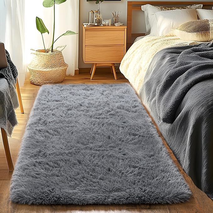 Runner Rugs for Bedroom 2x6 Rug Runners for Hallways Non Slip Soft Shag Bedside Rug, Fluffy Area Rug Throw Rugs for Living Room, Floor Carpet Runner for Nursery Kids Dorm, Grey