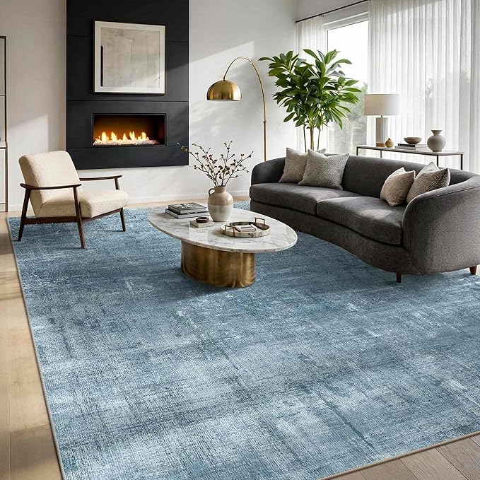 Latte&Fog 10x14 Area Rug for Living Room, Extra Large Blue Modern Abstract Washable Rugs, Boho Non Slip Low Pile Carpet for Indoor Bedroom Dining Room, Office, Dorm, Classroom and Farmhouse - Blue
