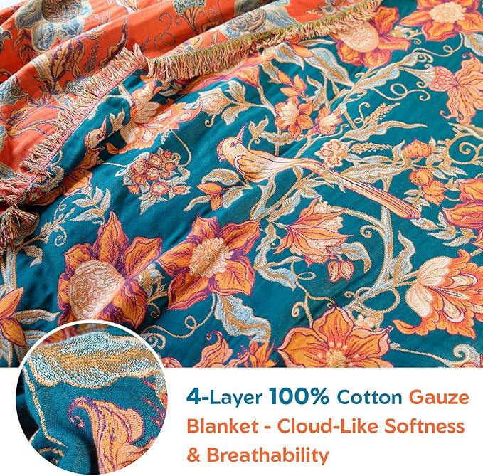 MSGKV Boho Throw Blanket for Couch Chair 100% Cotton Floral Bird Blanket 50"x60" Sofa Blankets Muslin Spring Breathable Lightweight Farmhouse Blankets Home Decor All Seasons