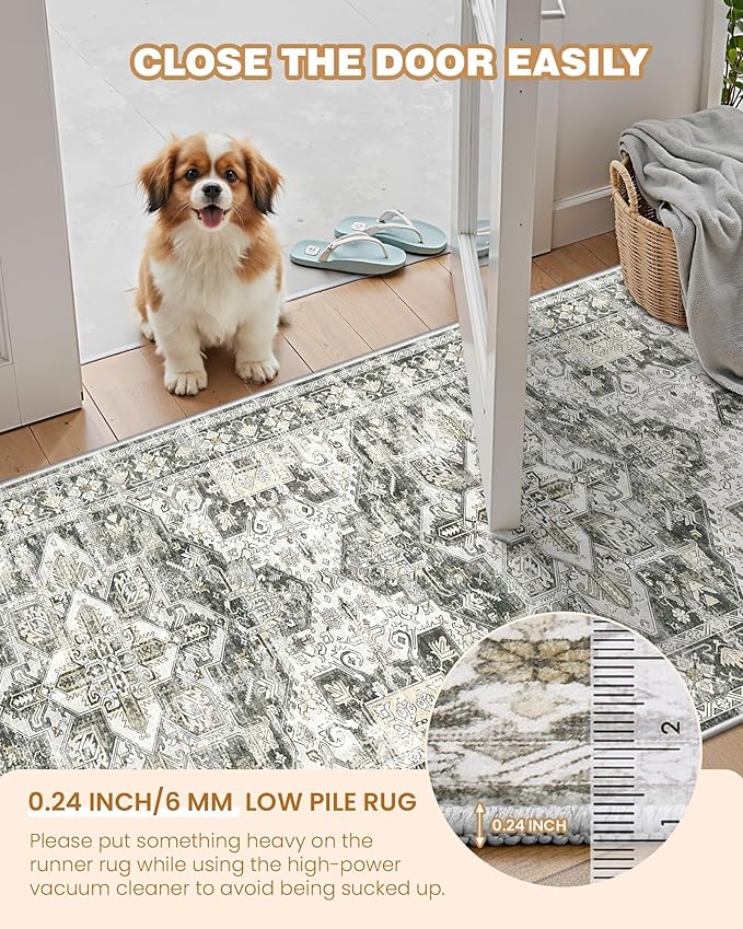 Hallway Runner Rug 2x12, Extra Long Washable Runner Rugs with Rubber Backing, Non Slip Runner, Vintage Rug Runners for Kitchen Laundry Room Entryway (Grey/Beige,2'x12')