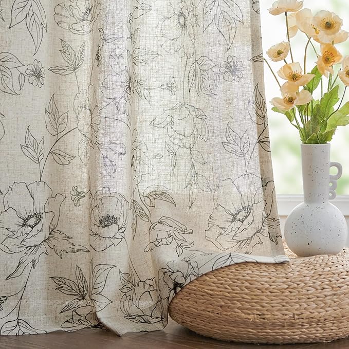 jinchan Linen Floral Curtains for Living Room 84 Inch Length Grey Flower Curtain Rod Pocket Back Tab Farmhouse Curtains with Printed Floral Bedroom Window Curtain Set, 2 Panels Gray