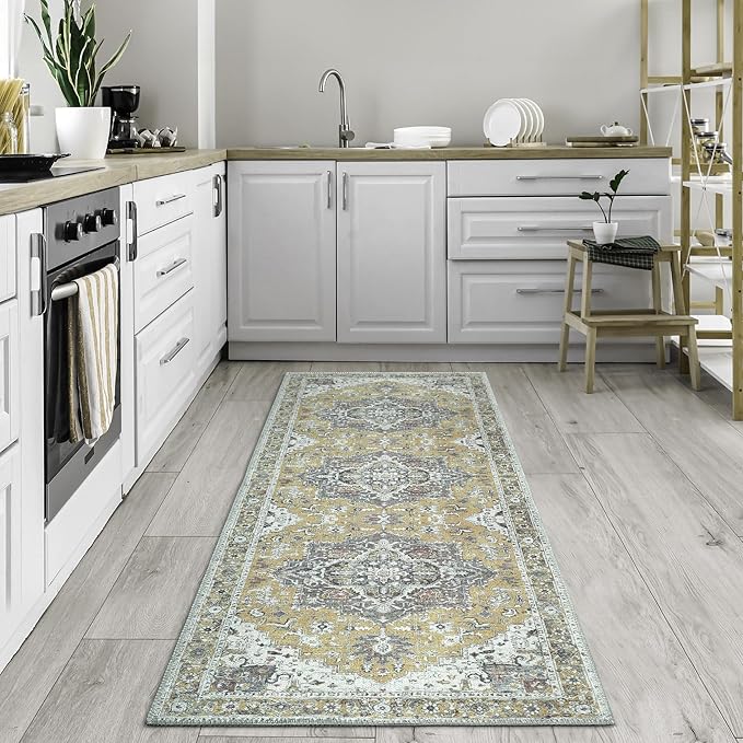 Yellow Area Rug Runner 2.5 x 10 ft, Machine Washable Polyester