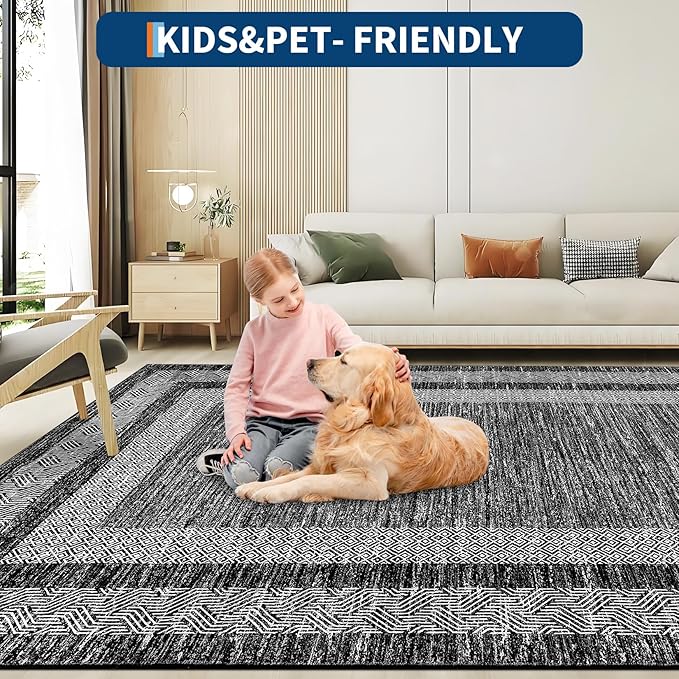 GarveeHome Washable Rug 5x7 Modern Bordered Rug with Non Slip Rubber Backing, Low Pile Thin Carpet, Soft Non Shedding Floor Covering, Foldable Printed Carpet for Living Room Bedroom, Black