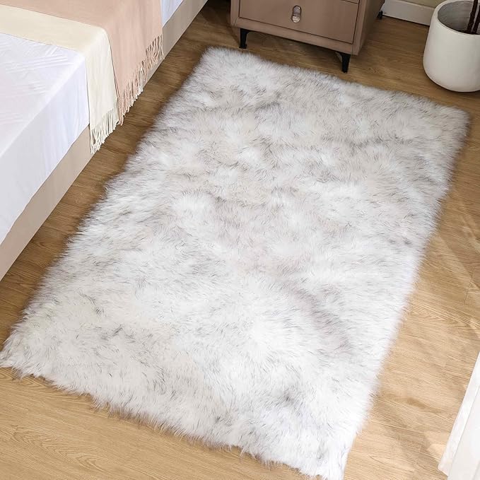 Goolela Fluffy Faux Sheepskin Fur Rug for Bedroom 3x5 White with Grey Tips Fuzzy Furry Bedside Plush Rug for Office Dorm Soft Shaggy Carpet Rectangle
