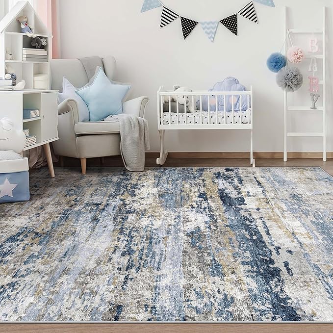 Area Rugs 6x9 for Living Room: Washable Rug Modern Abstract Neutral Soft Non-Slip Low-Pile Indoor Carpet for Bedroom Dining Room Playroom Home Office (Blue Grey Brown, 6'x9')