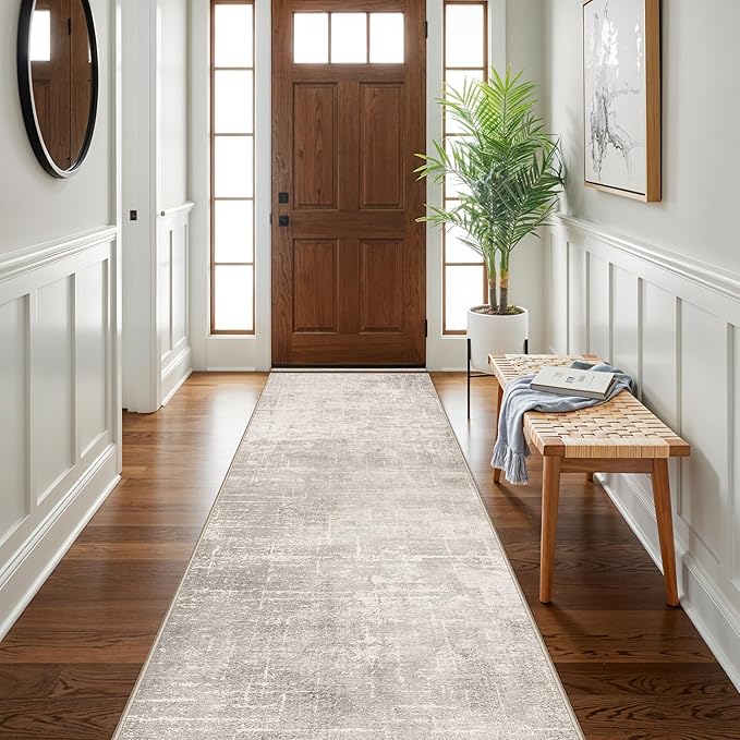 Abstract 3x10 Kitchen Rug Runners - Washable 10ft Hardwood Sink Rugs Non-Slip Hallway Entryway Area Rugs Soft Floor Mat Indoor Farmhouse Carpet for Bathroom Living Room Bedroom (3x10,Beige/Cream)