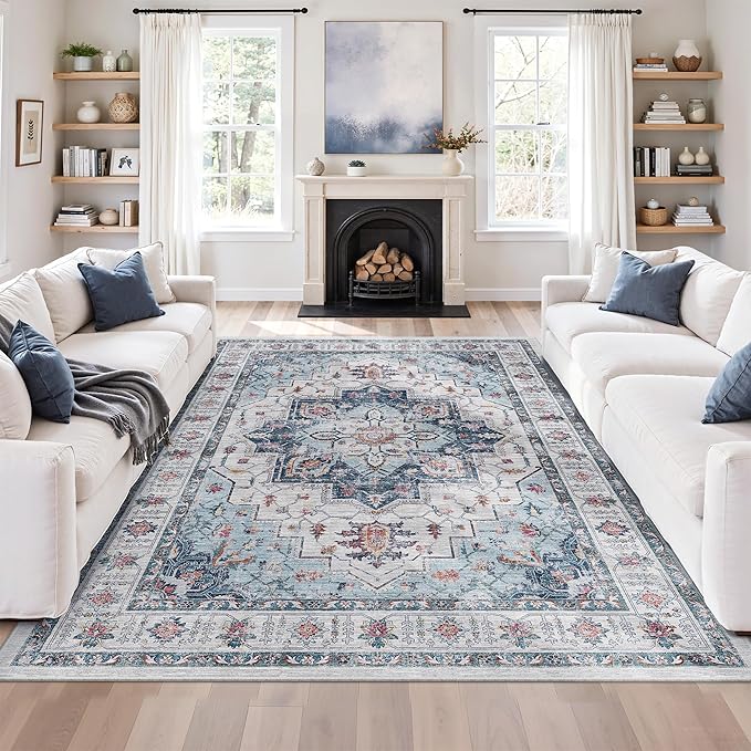 zesthome 6x9 Area Rugs, Machine Washable Rugs for Living Room, Bedroom,Stain Resistant Vintage Large Area Rug,Non-Slip Medallion Pattern Home Decor Rugs (Blue,6'x9')