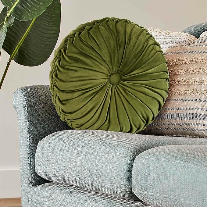 HIG Set of 2 Decorative Round Pleated Throw Pillows, Classy Accent Pumpkin Throw Pillows with Center Button, Vintage Velvet Floor Pillows for Sofa Couch Vanity Chair Bed, Olive, 14.5" Diameter(Ripple)