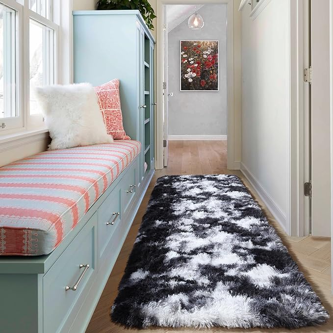 ONASAR Runner Rugs for Bedroom Living Room, Fluffy Black and White 2x6 Bedside Hallway Area Rug, Ultra Soft Plush Furry Faux Fur Non Slip Floor Carpet for Nursery Kids Dorm Closet Home Decor