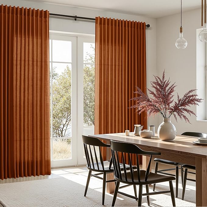 Rust Linen Curtains 108 Inches Long for Living Room Light Filtering Semi Sheer Curtain Back Tab Vintage Rustic Decor Extra Long Floor to Ceiling High Window for Bedroom Office 52x108, 2 Panels