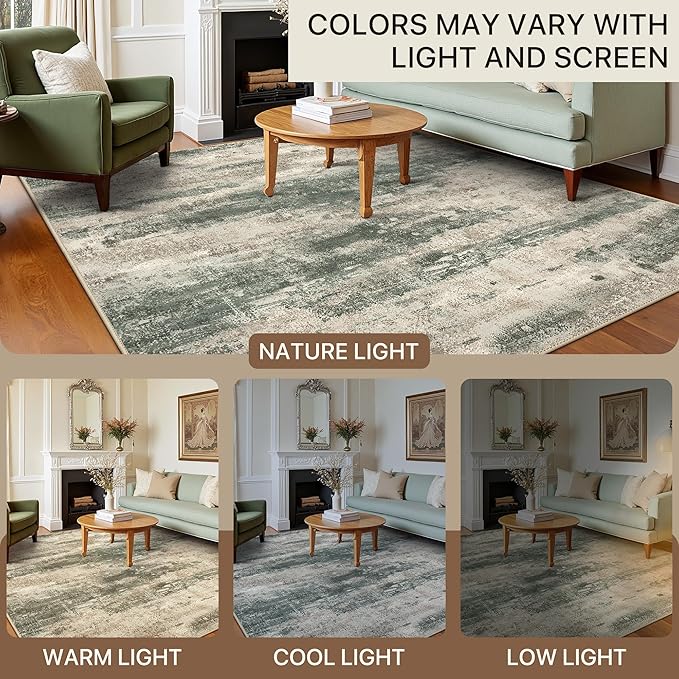 Round Rugs 5FT for Living Room Bedroom, Modern Abstract Machine Washable Circle Rug, Soft Low Pile Floor Cover with Non Slip Backing for Dining Room, Grey/Dark Green