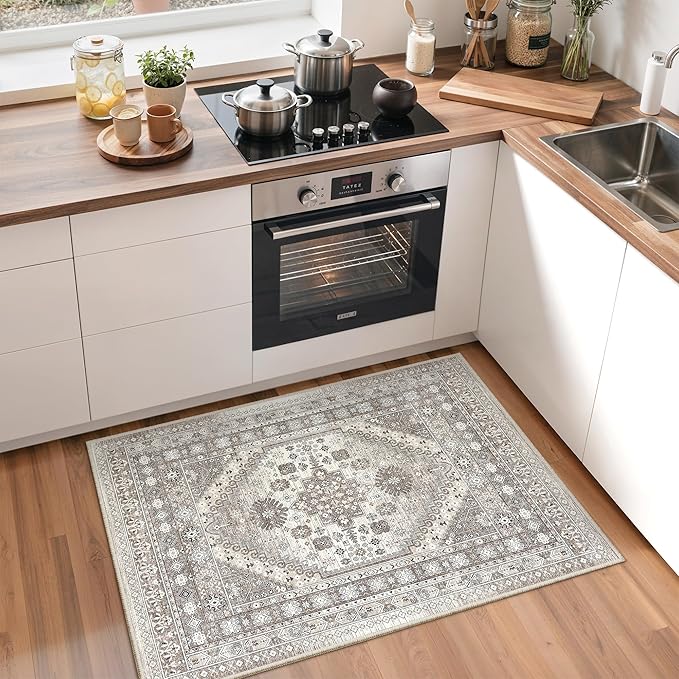 zesthome 2x3 Entryway Rug, Soft Washable Rugs, Non Slip Area Rug, Stain Resistant Low Pile Rugs for Bedroom, Vintage Rug for Door Mat, Kitchen (Brown/Beige,2'x3')