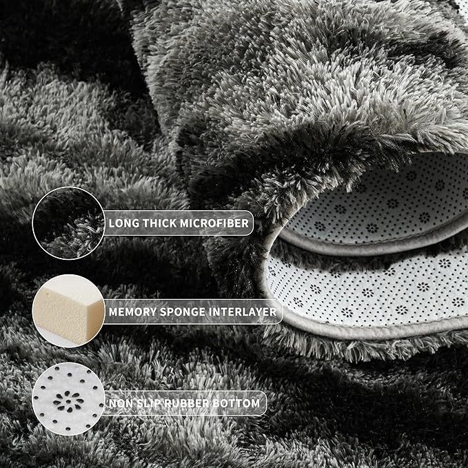 Tepook Soft Fluffy Rugs for Living Room, 5x8 Shaggy Area Rug for Bedroom, Modern Shag Rug Fuzzy Carpets for Kids, Plush Indoor Nursery Home Decor Rug with Non-Slip Bottom, Black Grey