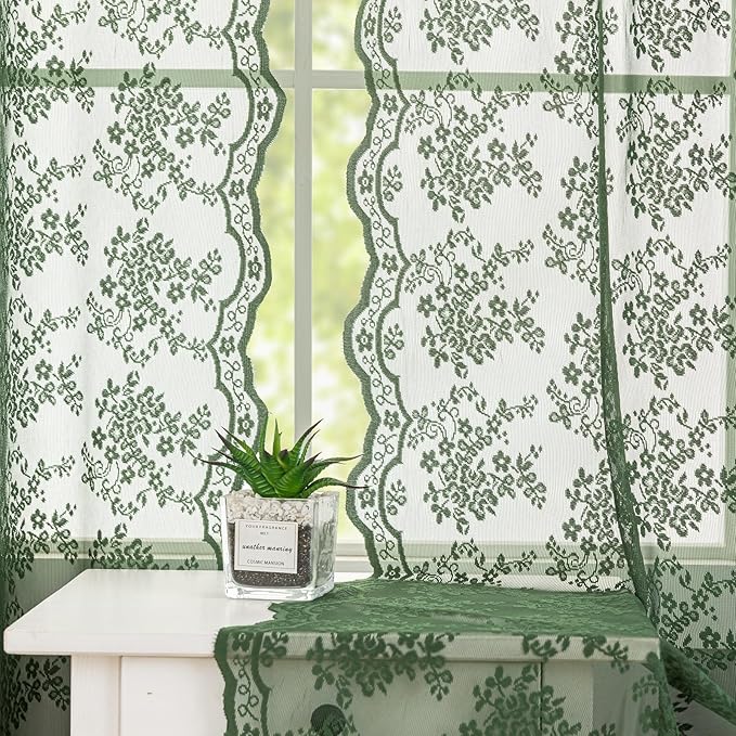 YJ YANJUN Vintage Lace Curtains 96 Inches Long-Victorian Floral Green Sheer Curtain Panels for Living Room,Light Filtering, Boho Christmas Decor 8 FT, 52Wx96L, 2 Panels Dark Emerald Green