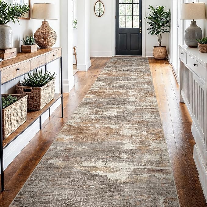 2'6''x14' Washable Kitchen Runner Rug: Modern Abstract Runners for Hallway Soft Non Slip Rugs with Rubber Backing Low Pile Thin Floor Carpet for Entryway Bedroom Bathroom Indoor(Brown/Brick,2'6''x14')