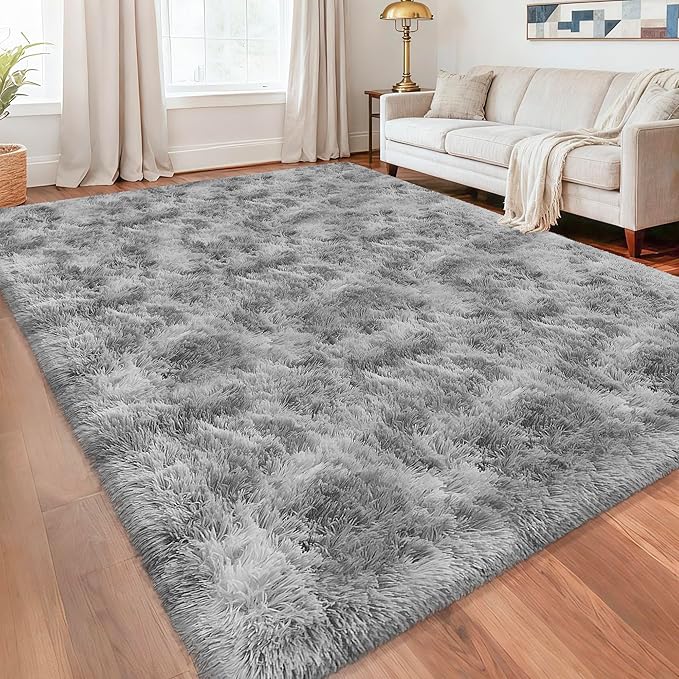 Large Area 8x10ft Carpet Tie-Dyed Grey Washable and Fluffy for Girls' Bedroom Bedside Rug