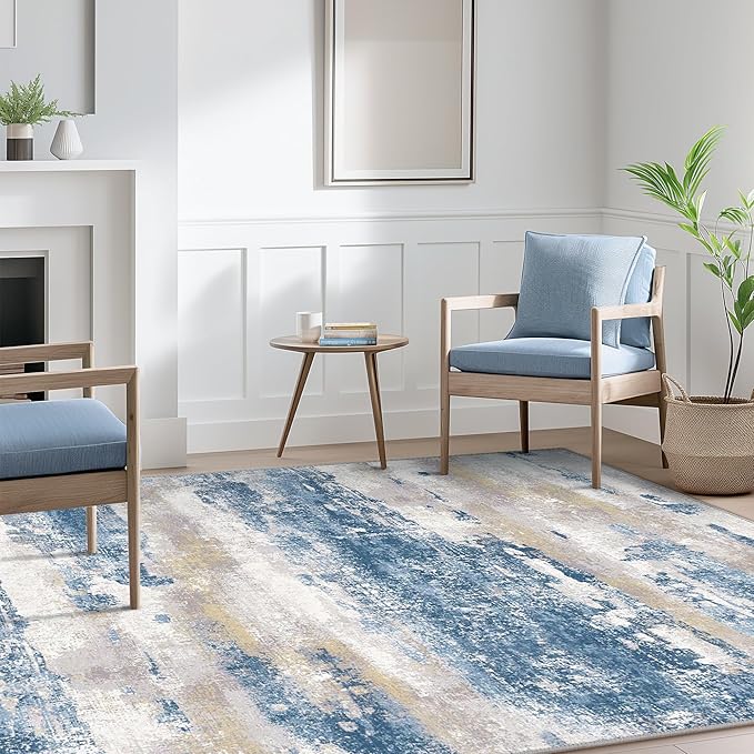 BEIMO Area Rugs 9x12 for Living Room Bedroom, Large Modern Abstract Machine Washable Soft Blue Cream Rug, Floor Carpet with Non Slip Backing for Dining Room